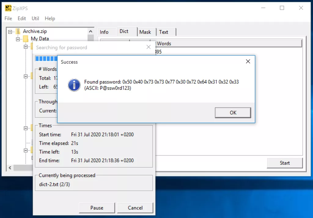 A successful dictionary-based password recovery process in the ZipXPS GUI.