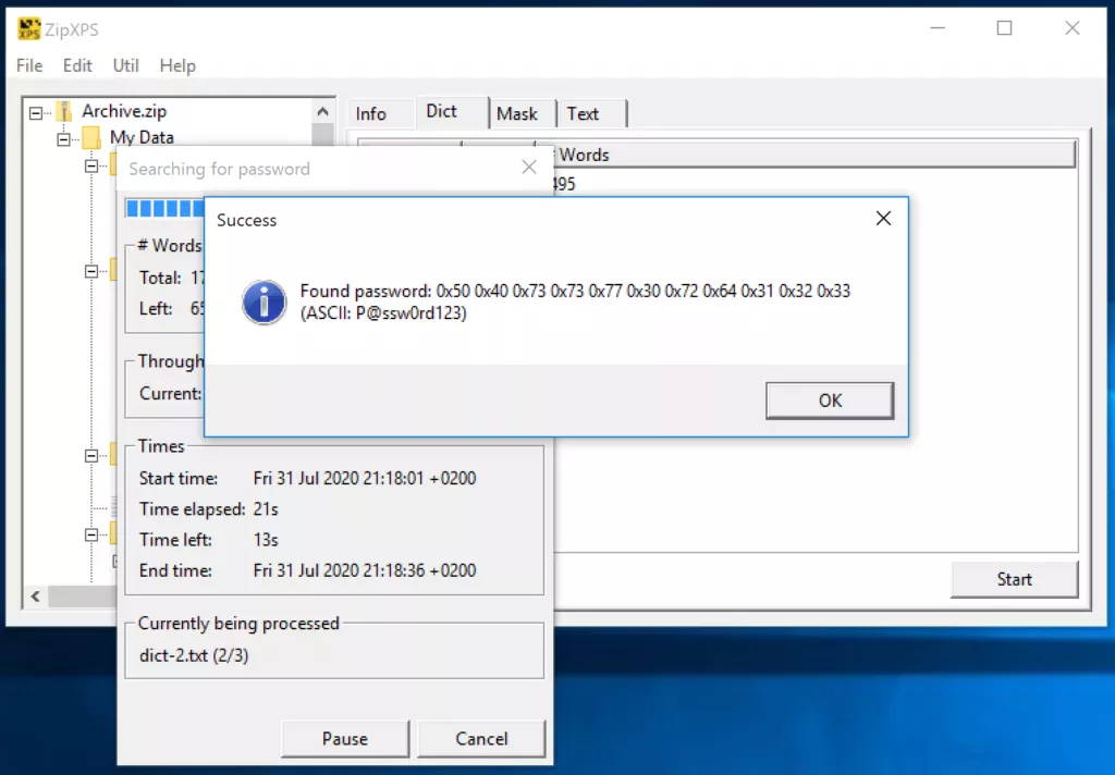 A successful dictionary-based Zip password recovery process in the ZipXPS GUI.